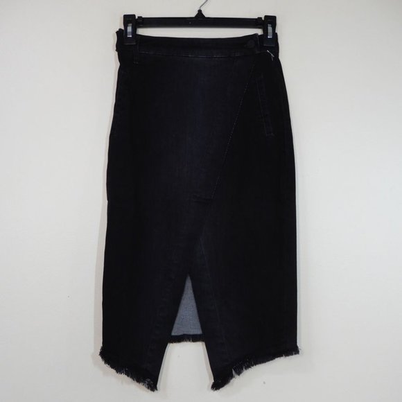Wash Lab Sally Mid Asymmetric Faux Wrap SKIRT Size 25 0 Black Stretch Denim NEW - Picture 4 of 8